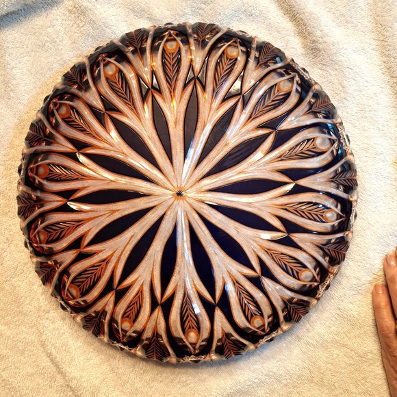 Vintage Czech Bohemian Cut to Clear 12.5" Bowl Feather Pattern Brown Orange - Picture 9 of 16